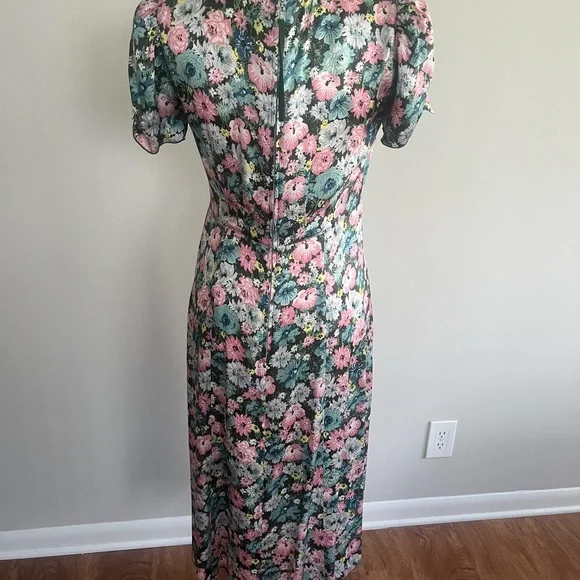 Marc Jacobs Pink and Green Floral Midi Dress with Waist Tie - Picture 3 of 6